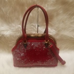 RED FLORAL A-FRAME BLING DESIGN HANDBAG